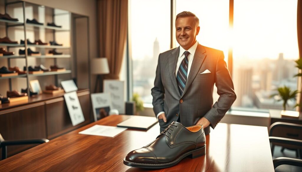 A distinguished businessman stands confidently in an elegantly appointed office, showcasing a tailored suit that reflects professionalism. He is the owner of Potocki buty, with a warm yet authoritative expression on his face, engaging in thought. In the foreground, a well-crafted pair of Potocki shoes is displayed prominently on a polished wooden desk. In the middle ground, shelves filled with shoes and design sketches illustrate the creative history of the brand. The background features a large window revealing a city skyline, bathed in soft, golden afternoon light, enhancing a mood of ambition and success. The scene is captured with a shallow depth of field, focusing on the owner and the shoes while softly blurring the surroundings to emphasize the narrative. A distinguished businessman stands confidently in an elegantly appointed office, showcasing a tailored suit that reflects professionalism. He is the owner of Potocki buty, with a warm yet authoritative expression on his face, engaging in thought. In the foreground, a well-crafted pair of Potocki shoes is displayed prominently on a polished wooden desk. In the middle ground, shelves filled with shoes and design sketches illustrate the creative history of the brand. The background features a large window revealing a city skyline, bathed in soft, golden afternoon light, enhancing a mood of ambition and success. The scene is captured with a shallow depth of field, focusing on the owner and the shoes while softly blurring the surroundings to emphasize the narrative.