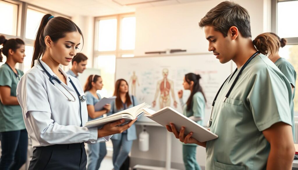 A diverse group of aspiring nurses gathered in a bright, modern classroom, showcasing various steps in their educational journey to become nurses. In the foreground, a female student in professional attire is studying from a well-organized textbook, while a male student takes notes on a tablet. The middle ground features a whiteboard filled with diagrams of human anatomy and nursing concepts, surrounded by supportive classmates engaged in discussion. In the background, large windows let in warm, natural light, highlighting a welcoming and focused learning environment. The atmosphere is inspiring and dynamic, capturing the determination and collaboration of the students. The scene should convey professionalism, ambition, and a nurturing educational setting with clarity and vibrancy.