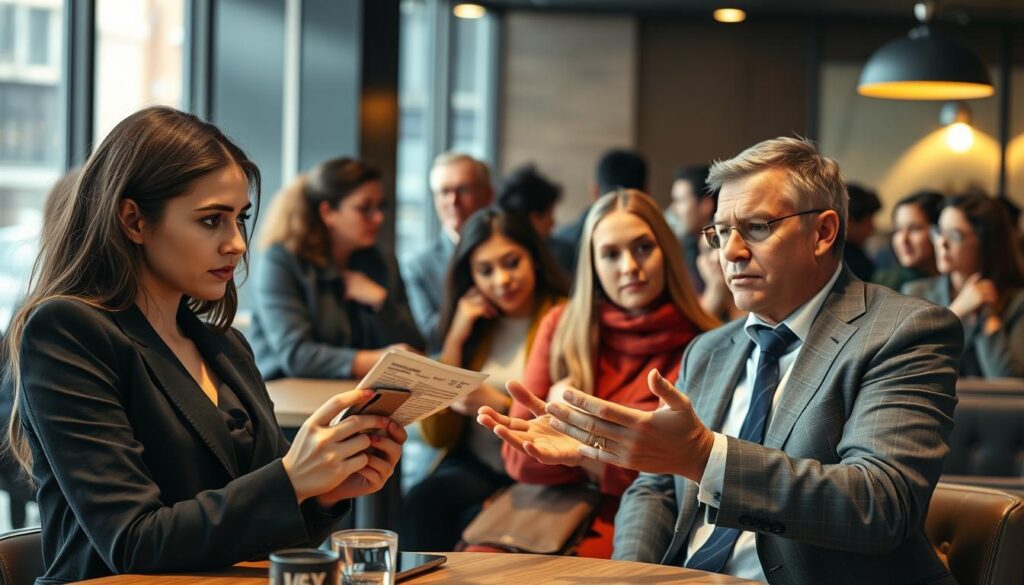 A diverse group of consumers reacting thoughtfully to a company's presence in Russia, set in an urban cafe. In the foreground, a young woman in professional attire looks concerned while reading a news article on her smartphone, her brow furrowed. Beside her, an older man in a business suit gestures animatedly while discussing with a colleague, displaying a mix of confusion and disappointment. The middle ground features a diverse group engaged in various conversations, some showing support for ethical consumerism while others appear indifferent. In the background, the atmosphere of the cafe is warm, with soft lighting highlighting the engaged discussions around a sleek, modern decor. The overall mood reflects a mix of concern and active engagement, illustrating consumer reactions to companies operating in Russia.