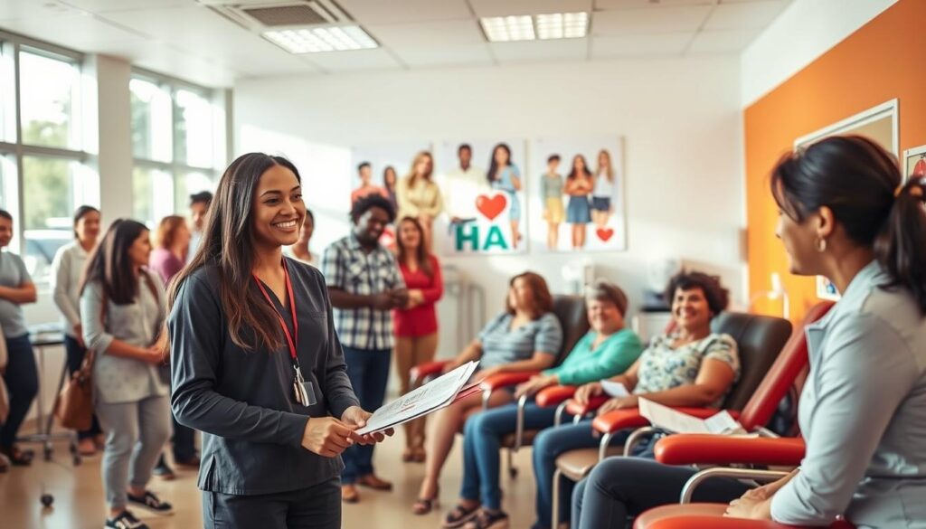 A diverse group of individuals gathered in a well-lit, modern blood donation center. In the foreground, a young woman in a professional outfit is receiving information from a friendly nurse in scrubs, both smiling and engaged. In the middle, a couple of other donors wait in comfortable chairs, looking relaxed and optimistic, with a poster on the wall showing various people from different backgrounds who can donate blood. The background features bright, inviting colors, large windows letting in sunlight, and medical equipment neatly arranged, creating a sense of cleanliness and hope. The atmosphere conveys warmth, community, and the positive impact of blood donation. Use a wide-angle lens to capture the entire scene with a soft focus on the background, enhancing the warm ambiance. A diverse group of individuals gathered in a well-lit, modern blood donation center. In the foreground, a young woman in a professional outfit is receiving information from a friendly nurse in scrubs, both smiling and engaged. In the middle, a couple of other donors wait in comfortable chairs, looking relaxed and optimistic, with a poster on the wall showing various people from different backgrounds who can donate blood. The background features bright, inviting colors, large windows letting in sunlight, and medical equipment neatly arranged, creating a sense of cleanliness and hope. The atmosphere conveys warmth, community, and the positive impact of blood donation. Use a wide-angle lens to capture the entire scene with a soft focus on the background, enhancing the warm ambiance.