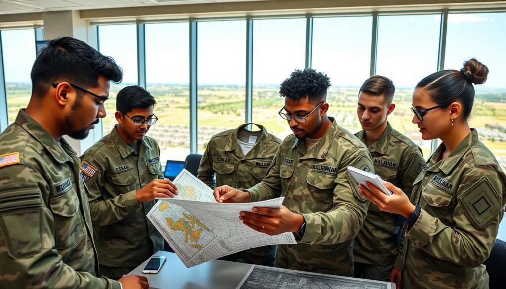 A diverse group of military students engaged in study and training, set in a modern military academy. In the foreground, three students of different ethnicities are reviewing maps and strategizing, wearing professional military uniforms. The middle ground features a classroom setting filled with military paraphernalia, including maps, globes, and digital displays. In the background, large windows showcase a pristine landscape of military training fields and barracks under a bright blue sky. The lighting is bright and educational, creating an atmosphere of determination and focus. The angle captures both the students' engagement and the environment, emphasizing the seriousness and camaraderie of military studies in a contemporary educational context.