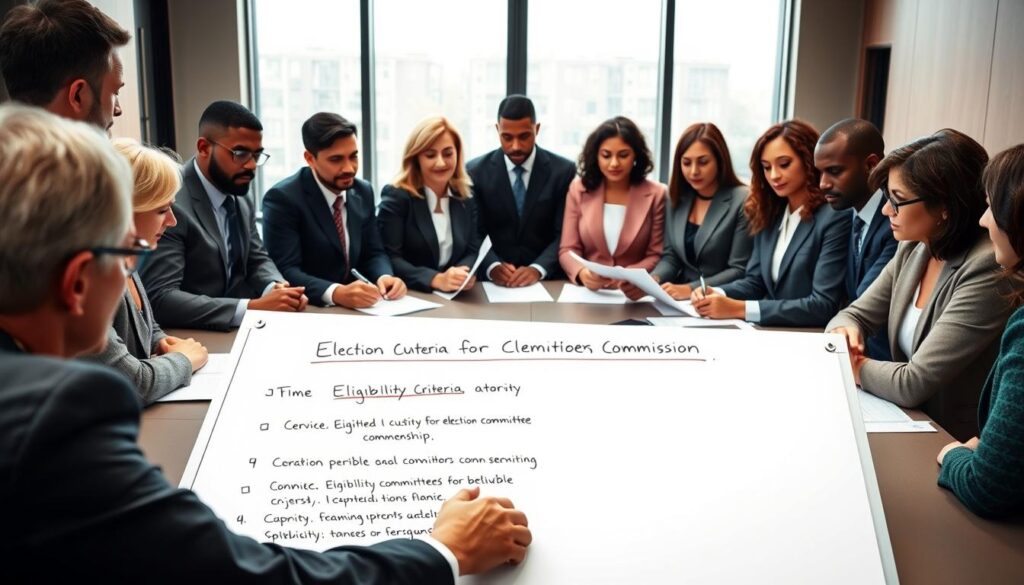 A diverse group of professional individuals, including men and women of various ethnicities, gathered around a large table in a well-lit, modern conference room. They are engaged in a serious discussion, reviewing documents related to election commission duties. The foreground features a whiteboard filled with notes and bullet points about eligibility criteria for election committee membership. In the middle, the group is dressed in smart business attire, showing professionalism and focus. The background showcases a large window with natural light pouring in, adding to the atmosphere of collaboration and transparency. The mood is serious yet collegial, emphasizing the importance of civic duty and participation in the electoral process.