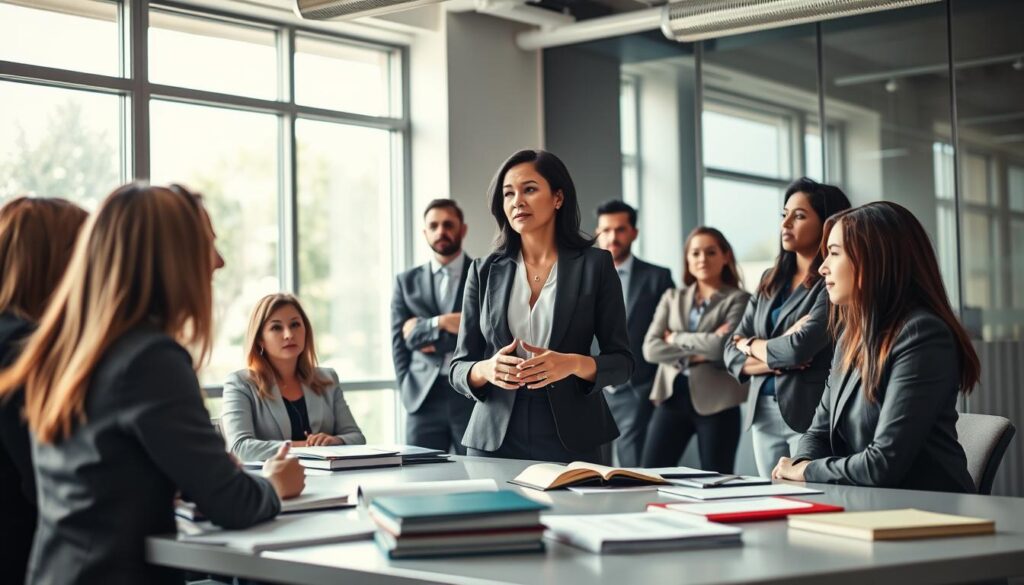A diverse group of professional mediators engaged in a collaborative learning environment, focused on the training process. In the foreground, a female mediator in a smart business suit is presenting to a group of attentive trainees, all dressed in professional attire. In the middle ground, various training materials like books and legal documents are scattered on a large table. The background features a modern classroom setting with large windows allowing natural light to flood in, creating a bright and welcoming atmosphere. The mood is vibrant and motivational, emphasizing teamwork and professional development as they discuss the techniques of mediation. The image captures a dynamic interaction among the participants, showcasing the journey of becoming a mediator in a clear, professional manner.