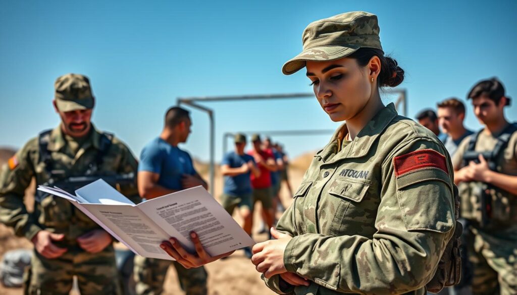 A diverse group of professional soldiers standing confidently in a military training environment, showcasing the various requirements to become a professional soldier. In the foreground, a female soldier in a well-fitted military uniform, closely inspecting her equipment, demonstrates focus and determination. To her left, a male soldier is engaging with a training manual, representing the educational requirements. In the middle ground, a diverse team conducts physical training exercises, highlighting physical fitness and teamwork. The background features an obstacle course under clear blue skies, emphasizing the challenges ahead. The lighting is bright and vibrant, capturing a sense of motivation and commitment. This scene exudes a mood of professionalism, purpose, and camaraderie among the soldiers. A diverse group of professional soldiers standing confidently in a military training environment, showcasing the various requirements to become a professional soldier. In the foreground, a female soldier in a well-fitted military uniform, closely inspecting her equipment, demonstrates focus and determination. To her left, a male soldier is engaging with a training manual, representing the educational requirements. In the middle ground, a diverse team conducts physical training exercises, highlighting physical fitness and teamwork. The background features an obstacle course under clear blue skies, emphasizing the challenges ahead. The lighting is bright and vibrant, capturing a sense of motivation and commitment. This scene exudes a mood of professionalism, purpose, and camaraderie among the soldiers.