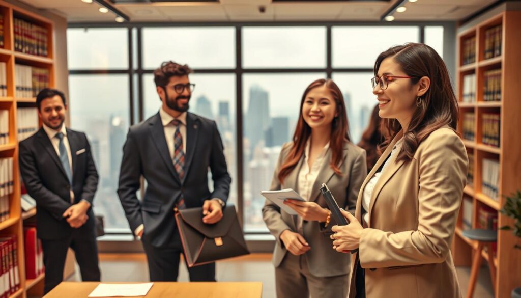 A diverse group of professionals in a modern law office setting, illustrating the various career paths available to law graduates. In the foreground, a confident female lawyer with a briefcase, dressed in smart professional attire, engages in conversation with a male colleague in a suit, highlighting networking opportunities. The middle ground features shelves lined with law books and diplomas, emphasizing education and expertise. In the background, a panoramic view of a bustling city skyline through large windows, symbolizing career growth and opportunity. Soft, warm lighting creates a welcoming atmosphere, while a wide-angle view captures the dynamic environment of a legal workspace. The overall mood is optimistic and professional, showcasing the potential and career opportunities that await law graduates. A diverse group of professionals in a modern law office setting, illustrating the various career paths available to law graduates. In the foreground, a confident female lawyer with a briefcase, dressed in smart professional attire, engages in conversation with a male colleague in a suit, highlighting networking opportunities. The middle ground features shelves lined with law books and diplomas, emphasizing education and expertise. In the background, a panoramic view of a bustling city skyline through large windows, symbolizing career growth and opportunity. Soft, warm lighting creates a welcoming atmosphere, while a wide-angle view captures the dynamic environment of a legal workspace. The overall mood is optimistic and professional, showcasing the potential and career opportunities that await law graduates.