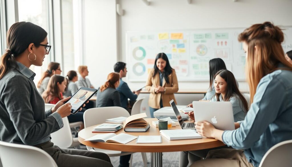 A diverse group of university students engaged in lively discussion during various types of seminars in a modern classroom setting. In the foreground, a female student in professional attire presents her research on a digital tablet to peers, while a male student takes notes attentively. In the middle ground, a round table is filled with scholarly books and laptops, surrounded by students brainstorming ideas. The background showcases a large whiteboard covered in colorful diagrams and charts reflecting seminar topics. Soft natural light filters in through large windows, creating a welcoming atmosphere. The focus is on collaborative learning and academic engagement, evoking a sense of inspiration and intellectual curiosity.