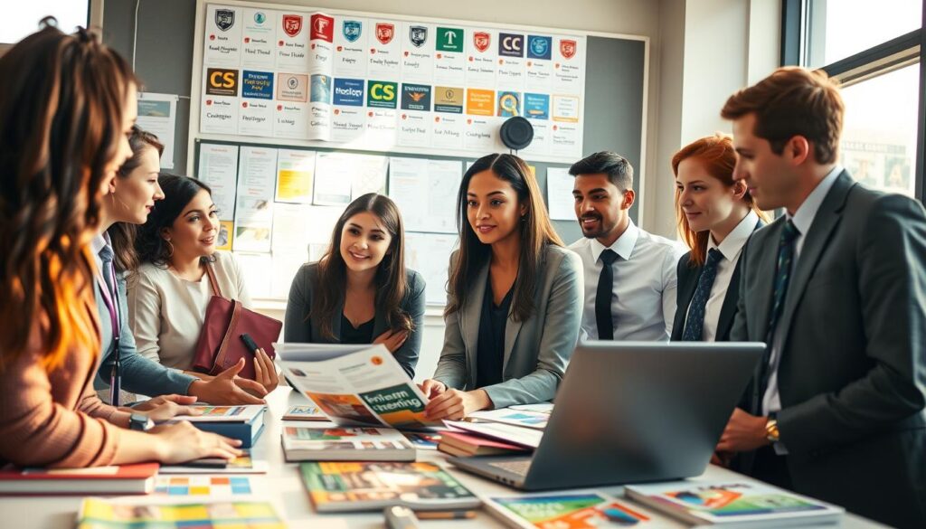 A diverse group of young adults, dressed in professional business attire, contemplating their academic futures as they gather around a large table covered with books, laptops, and colorful brochures showcasing various fields of study. In the foreground, a young woman is pointing to a brochure labeled "Engineering" with a thoughtful expression. The background features a large window with bright sunlight streaming in, creating an uplifting atmosphere filled with optimism and excitement. The middle ground includes a bulletin board filled with university logos and course offerings. The scene is captured with a warm, inviting light, using a slightly elevated angle to provide a comprehensive view of the group in discussion, encouraging a sense of collaboration and choice in their educational journey.