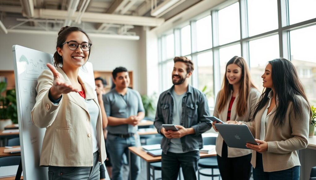 A diverse group of young adults gathered in a modern educational setting, engaged in a lively discussion about their future studies. In the foreground, a confident young woman wearing professional business attire gestures towards a whiteboard filled with diagrams representing educational pathways. Beside her, a young man in casual yet neat clothing takes notes on a laptop, his expression thoughtful. In the middle, a classroom filled with desks, books, and plants suggests a stimulating learning environment. In the background, large windows allow natural light to pour in, brightening the scene and creating an inviting atmosphere. The overall mood is optimistic and collaborative, reflecting the theme of pursuing higher education after vocational school. The angle captures the enthusiasm in their expressions, while soft lighting enhances the sense of opportunity and ambition.