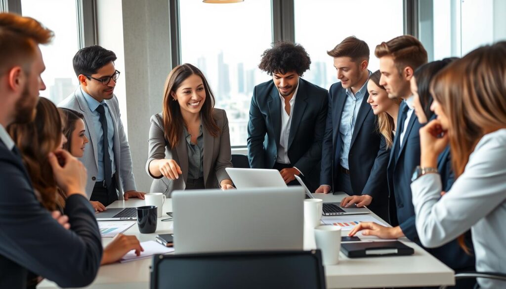 A diverse group of young professionals in a modern office setting, all dressed in smart business attire, engaged in a collaborative discussion around a table filled with laptops, charts, and coffee mugs. In the foreground, a confident woman points at a presentation on a laptop screen while others pay close attention, showcasing a vibrant and dynamic exchange of ideas. In the middle ground, an open window allows natural light to flood the room, creating a bright and inspiring atmosphere. The background features a city skyline visible through the glass, suggesting opportunities and growth. The overall mood is one of enthusiasm and ambition, as these individuals represent various career paths available after completing unified master's studies. A diverse group of young professionals in a modern office setting, all dressed in smart business attire, engaged in a collaborative discussion around a table filled with laptops, charts, and coffee mugs. In the foreground, a confident woman points at a presentation on a laptop screen while others pay close attention, showcasing a vibrant and dynamic exchange of ideas. In the middle ground, an open window allows natural light to flood the room, creating a bright and inspiring atmosphere. The background features a city skyline visible through the glass, suggesting opportunities and growth. The overall mood is one of enthusiasm and ambition, as these individuals represent various career paths available after completing unified master's studies.