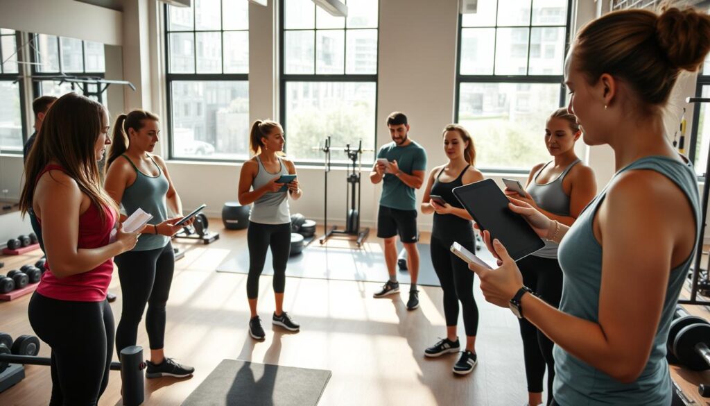 A dynamic and engaging scene of a personal training workshop in a modern gym setting. In the foreground, a diverse group of five individuals, dressed in professional gym attire, attentively listen to a knowledgeable instructor demonstrating exercises with proper form. All participants display keen interest, taking notes on their tablets and asking questions. In the middle ground, various fitness equipment like weights, mats, and resistance bands are neatly organized, reflecting a well-equipped training environment. The background features large windows allowing natural light to flood the space, casting soft shadows that enhance the active atmosphere. The overall mood is inspirational and educational, emphasizing the journey of becoming a personal trainer through proper training and courses. A dynamic and engaging scene of a personal training workshop in a modern gym setting. In the foreground, a diverse group of five individuals, dressed in professional gym attire, attentively listen to a knowledgeable instructor demonstrating exercises with proper form. All participants display keen interest, taking notes on their tablets and asking questions. In the middle ground, various fitness equipment like weights, mats, and resistance bands are neatly organized, reflecting a well-equipped training environment. The background features large windows allowing natural light to flood the space, casting soft shadows that enhance the active atmosphere. The overall mood is inspirational and educational, emphasizing the journey of becoming a personal trainer through proper training and courses.