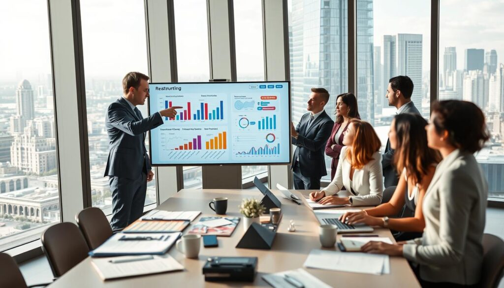 A dynamic and modern office environment, illustrating the concept of "business restructuring." In the foreground, a diverse group of professionals in smart business attire are engaged in a strategic discussion, pointing at a large digital screen displaying colorful graphs and flowcharts that represent restructuring plans. In the middle ground, a large conference table scattered with documents, laptops, and coffee cups, symbolizing collaboration and analysis. In the background, tall windows reveal a bustling cityscape under a bright, optimistic sky. Soft, natural lighting filters through the windows, creating an inviting atmosphere of innovation and teamwork. The image should evoke a sense of progress and transformation, emphasizing the theme of organizational change and redefinition. A dynamic and modern office environment, illustrating the concept of "business restructuring." In the foreground, a diverse group of professionals in smart business attire are engaged in a strategic discussion, pointing at a large digital screen displaying colorful graphs and flowcharts that represent restructuring plans. In the middle ground, a large conference table scattered with documents, laptops, and coffee cups, symbolizing collaboration and analysis. In the background, tall windows reveal a bustling cityscape under a bright, optimistic sky. Soft, natural lighting filters through the windows, creating an inviting atmosphere of innovation and teamwork. The image should evoke a sense of progress and transformation, emphasizing the theme of organizational change and redefinition.