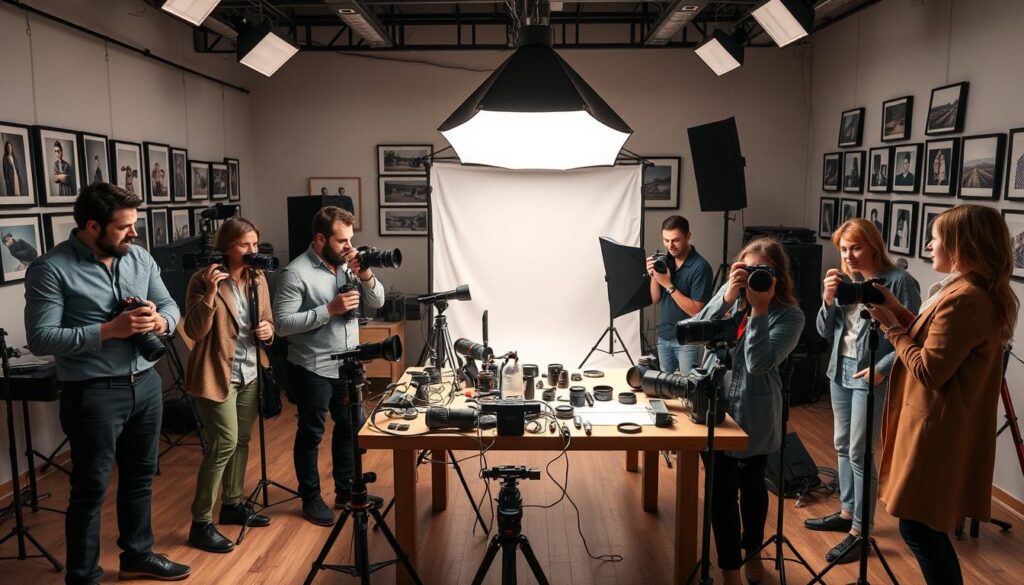 A dynamic photography studio setting, showcasing various photographic techniques. In the foreground, a diverse group of photographers, both men and women in smart casual attire, are engaged in discussions while holding cameras, illustrating teamwork and learning. In the middle ground, a table is adorned with equipment such as lenses, tripods, and lighting setups, highlighting different photography techniques like portrait, macro, and landscape photography. The background reveals a large softbox lighting the entire scene, creating soft shadows and a warm atmosphere. The studio has walls adorned with framed photographs, demonstrating different styles and techniques. The mood is energetic and collaborative, designed to inspire aspiring photographers in their journey. A dynamic photography studio setting, showcasing various photographic techniques. In the foreground, a diverse group of photographers, both men and women in smart casual attire, are engaged in discussions while holding cameras, illustrating teamwork and learning. In the middle ground, a table is adorned with equipment such as lenses, tripods, and lighting setups, highlighting different photography techniques like portrait, macro, and landscape photography. The background reveals a large softbox lighting the entire scene, creating soft shadows and a warm atmosphere. The studio has walls adorned with framed photographs, demonstrating different styles and techniques. The mood is energetic and collaborative, designed to inspire aspiring photographers in their journey.