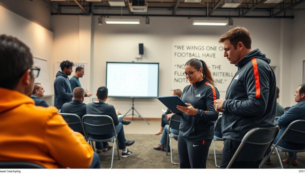 A dynamic scene capturing a football coaching course in an indoor training facility, featuring diverse trainers engaged in a learning environment. In the foreground, a male and female coach, both wearing professional training attire, actively discuss tactics while analyzing a digital tablet. The middle of the image showcases a group of attentive trainees seated on folding chairs, taking notes and looking at a presentation on a projector screen. The background includes a large whiteboard filled with tactical diagrams and motivational quotes. Warm, ambient lighting creates an inviting atmosphere, while the camera angle is slightly elevated to encompass both the interaction and the training environment, conveying professionalism and enthusiasm in football education.