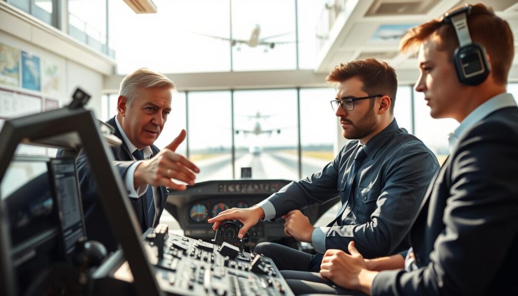 A dynamic scene capturing the essence of aviation training, featuring a modern flight simulator in the foreground with a focused flight instructor and an attentive student in professional attire. The instructor, a middle-aged individual with a confident demeanor, gestures towards the advanced cockpit controls, while the student, a young adult with a look of determination, studies the instruments. In the middle ground, a spacious classroom with aviation charts and posters of aircraft on the walls reflects a vibrant learning environment. The background reveals large windows showcasing a runway with planes taking off, bathed in soft natural light that enhances the atmosphere of excitement and aspiration. The image should convey a sense of professionalism and ambition, with sharp focus and a slightly elevated angle to capture the interaction between the instructor and student. A dynamic scene capturing the essence of aviation training, featuring a modern flight simulator in the foreground with a focused flight instructor and an attentive student in professional attire. The instructor, a middle-aged individual with a confident demeanor, gestures towards the advanced cockpit controls, while the student, a young adult with a look of determination, studies the instruments. In the middle ground, a spacious classroom with aviation charts and posters of aircraft on the walls reflects a vibrant learning environment. The background reveals large windows showcasing a runway with planes taking off, bathed in soft natural light that enhances the atmosphere of excitement and aspiration. The image should convey a sense of professionalism and ambition, with sharp focus and a slightly elevated angle to capture the interaction between the instructor and student.