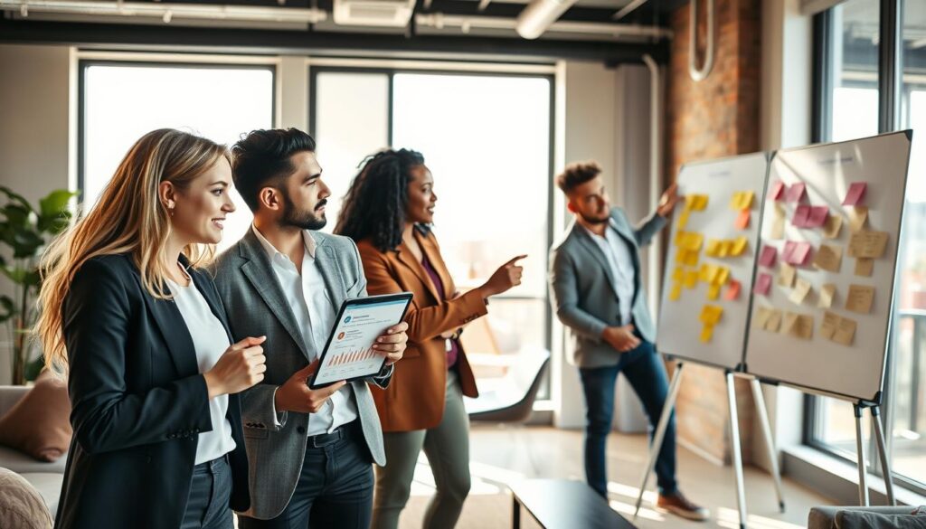 A dynamic scene depicting a diverse group of professionals in a modern office setting, engaged in a thoughtful discussion about Brave Soul products. In the foreground, a young woman in business casual attire holds a tablet displaying product reviews, while a man in a blazer points at a chart on a wall. In the middle ground, two colleagues of different ethnicities brainstorm ideas, using sticky notes on a whiteboard filled with feedback. The background showcases a trendy office environment with large windows, bright natural light streaming in, and stylish furniture. The atmosphere is collaborative and positive, reflecting enthusiasm about the brand's offerings. Capture the image with a warm, inviting color palette, emphasizing clarity and focus on the group’s interaction. Use a slight depth of field to highlight the foreground details while maintaining a soft blur on the background elements.