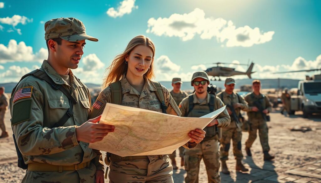 A dynamic scene depicting a diverse group of soldiers engaged in a variety of military careers. In the foreground, a male and female soldier in professional uniforms discuss a map, showcasing teamwork and strategy. The middle ground features soldiers operating advanced technology, like drones and communication devices, symbolizing modern military capabilities. In the background, a base with military vehicles and helicopters contrasts with a clear blue sky, indicating readiness and strength. Soft sunlight filters through clouds, casting a warm glow on the scene, evoking a sense of purpose and determination. The atmosphere is focused and inspiring, capturing the essence of a military career as a pathway to serve and protect.