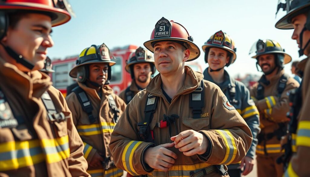 A dynamic scene depicting a firefighter in action, showcasing the journey to becoming a fireman. In the foreground, a diverse group of aspiring firefighters wearing professional training gear, engaging in teamwork as they practice fire safety techniques with hoses and equipment. In the middle ground, an instructor gives guidance with a stern yet supportive expression, standing beside a fire engine. The background features a bright, sunny day with clear blue skies and a distant fire station, emphasizing a bustling community environment. The lighting should be warm and inviting, capturing the energy and determination of the future firefighters. The mood is inspiring and motivating, illustrating commitment to public safety and heroism. A dynamic scene depicting a firefighter in action, showcasing the journey to becoming a fireman. In the foreground, a diverse group of aspiring firefighters wearing professional training gear, engaging in teamwork as they practice fire safety techniques with hoses and equipment. In the middle ground, an instructor gives guidance with a stern yet supportive expression, standing beside a fire engine. The background features a bright, sunny day with clear blue skies and a distant fire station, emphasizing a bustling community environment. The lighting should be warm and inviting, capturing the energy and determination of the future firefighters. The mood is inspiring and motivating, illustrating commitment to public safety and heroism.
