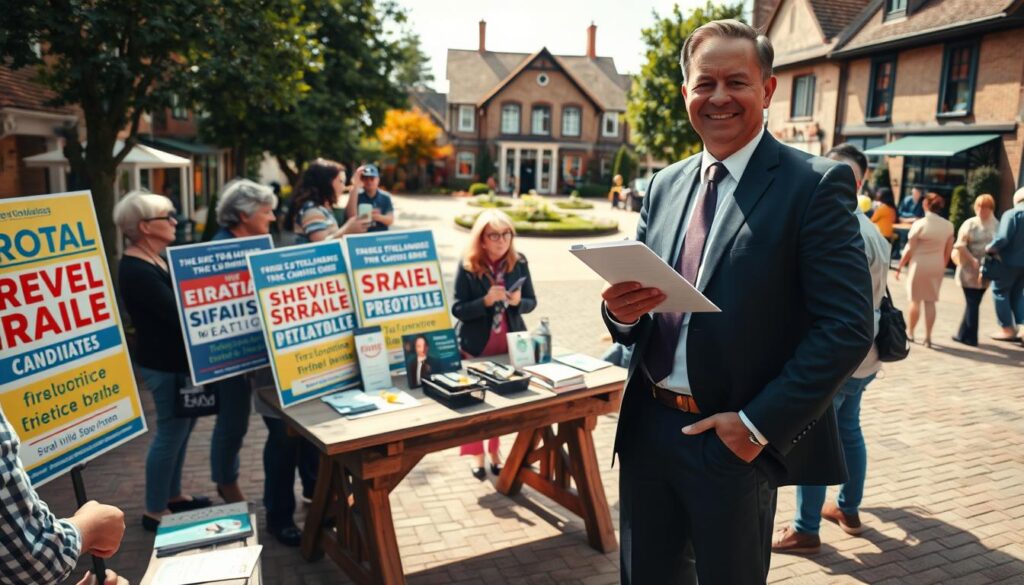 A dynamic scene depicting a mayoral candidate campaign setting. In the foreground, a confident individual in smart business attire stands with a clipboard in one hand, engaging with a small group of enthusiastic supporters. The middle ground features colorful campaign posters, with slogans about community improvement prominently displayed, alongside a rustic wooden table adorned with pamphlets and refreshments. The background reveals a sunny village square, bustling with activity, featuring local landmarks like a town hall and green spaces. Soft, warm lighting creates a welcoming atmosphere, while the angle is slightly elevated, giving a sense of community involvement. The overall mood is optimistic and energetic, capturing the essence of a grassroots campaign. A dynamic scene depicting a mayoral candidate campaign setting. In the foreground, a confident individual in smart business attire stands with a clipboard in one hand, engaging with a small group of enthusiastic supporters. The middle ground features colorful campaign posters, with slogans about community improvement prominently displayed, alongside a rustic wooden table adorned with pamphlets and refreshments. The background reveals a sunny village square, bustling with activity, featuring local landmarks like a town hall and green spaces. Soft, warm lighting creates a welcoming atmosphere, while the angle is slightly elevated, giving a sense of community involvement. The overall mood is optimistic and energetic, capturing the essence of a grassroots campaign.
