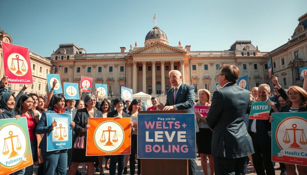 A dynamic scene depicting a parliamentary election campaign, set in a bustling city square. In the foreground, a diverse group of individuals in professional business attire, enthusiastically engaging with voters. They hold colorful campaign banners with symbols of democracy, like ballot boxes and the scales of justice. In the middle ground, a podium with a speaker addressing the crowd passionately, flanked by team members. The background features an ornate government building, symbolizing authority and governance, under a clear blue sky. Warm, natural lighting illuminates the scene, creating a hopeful and energetic atmosphere. The lens captures a slightly angled view, emphasizing the interaction between politicians and citizens, conveying the essence and significance of parliamentary elections. A dynamic scene depicting a parliamentary election campaign, set in a bustling city square. In the foreground, a diverse group of individuals in professional business attire, enthusiastically engaging with voters. They hold colorful campaign banners with symbols of democracy, like ballot boxes and the scales of justice. In the middle ground, a podium with a speaker addressing the crowd passionately, flanked by team members. The background features an ornate government building, symbolizing authority and governance, under a clear blue sky. Warm, natural lighting illuminates the scene, creating a hopeful and energetic atmosphere. The lens captures a slightly angled view, emphasizing the interaction between politicians and citizens, conveying the essence and significance of parliamentary elections.