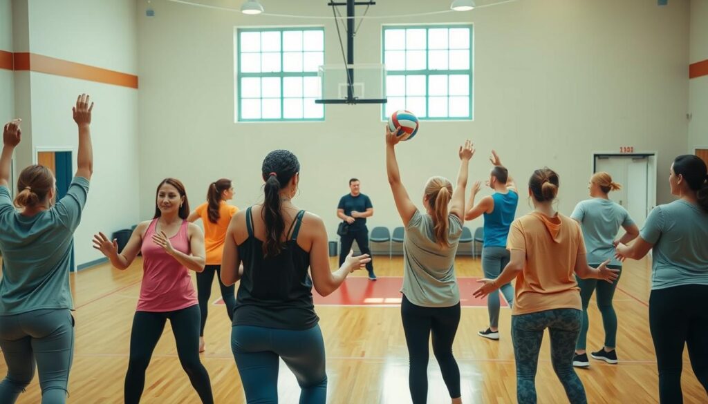 A dynamic scene depicting a physical education class for adult students attending evening courses. In the foreground, a diverse group of students, dressed in comfortable, modest athletic wear, engage in various activities such as yoga, volleyball, and group exercises, showcasing teamwork and camaraderie. The middle ground features instructors providing guidance and encouragement, highlighting a professional yet supportive atmosphere. The background captures a well-equipped gymnasium with natural light streaming through large windows, illuminating the vibrant activity. The image should convey a sense of motivation and community, with an inviting color palette that enhances the energetic mood of the workout environment. Use a slightly elevated angle to capture the dynamic interactions among the students, creating a sense of depth and engagement in the scene.