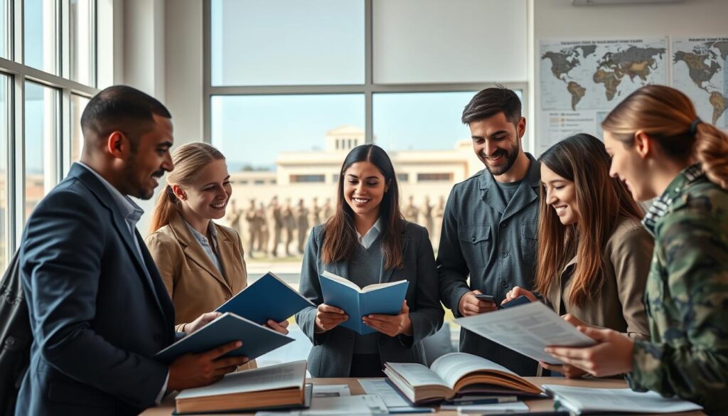 A dynamic scene depicting various paths of military studies, showcasing diverse educational pathways. In the foreground, a group of students in professional attire, representing different ethnicities and genders, engaged in animated discussion over military textbooks and digital devices. In the middle ground, a classroom setting is visible, with maps and military strategy charts on the walls, while teachers in military uniforms guide students with enthusiasm. The background features a large window revealing a military academy campus, with cadets in formation and a clear blue sky. Soft, natural lighting illuminates the room, providing a focused yet inviting atmosphere. The image captures the essence of learning and exploration in military studies, highlighting options and choices in a vibrant educational environment.
