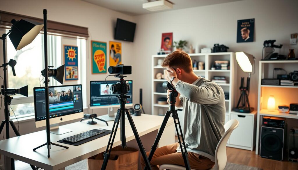 A dynamic scene of a young content creator in a modern, well-lit home studio, capturing video footage for their YouTube channel. In the foreground, the creator is positioned at a sleek desk with a high-quality camera mounted on a tripod, adjusting the focus, dressed in casual yet professional attire. The middle ground showcases an array of professional lighting equipment, a large computer screen displaying video editing software, and colorful posters related to filmmaking on the walls. The background features shelves filled with video gear and creative tools, contributing to an inspiring atmosphere. Soft, natural light streams through a window, creating a warm and inviting ambiance. The overall mood is energetic, focused, and creatively charged, perfect for the theme of video production and editing.