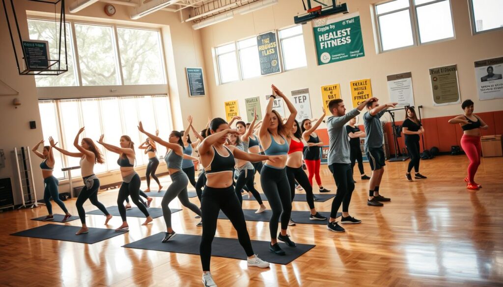 A dynamic scene set in a university gym during a physical education class. In the foreground, a diverse group of adult students, dressed in professional athletic wear, are engaged in various activities, such as stretching, practicing yoga, and doing fitness drills. The middle layer features a warm, inviting atmosphere, with sunlight streaming in from large windows, casting soft shadows on the polished wooden floor. In the background, gym equipment is neatly arranged, and posters promoting health and fitness values adorn the walls. The atmosphere is energetic and encouraging, reflecting the importance of physical education in a university setting. Capture this lively moment with a focus on inclusivity and motivation, using a wide-angle lens to encompass the environment.