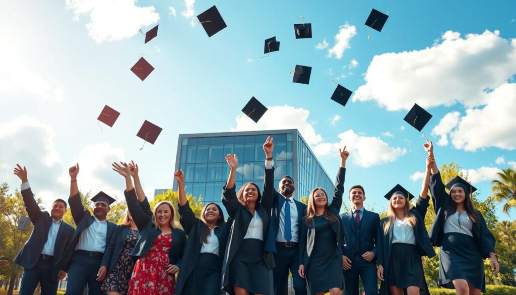 A dynamic university campus scene in the foreground, showcasing a diverse group of professionally dressed graduates celebrating their accomplishments, tossing their caps joyfully in the air. In the middle ground, a modern university building stands, with large windows reflecting the sunlight and greenery surrounding it. The background features a bright blue sky dotted with fluffy white clouds, symbolizing hope and opportunity. Soft, warm lighting bathes the scene, creating an inviting and optimistic atmosphere. The graduates, a mix of ethnicities and genders, exhibit expressions of happiness and pride, emphasizing the benefits of higher education. The image should evoke a sense of achievement, ambition, and the positive impact of education on personal and professional growth. A dynamic university campus scene in the foreground, showcasing a diverse group of professionally dressed graduates celebrating their accomplishments, tossing their caps joyfully in the air. In the middle ground, a modern university building stands, with large windows reflecting the sunlight and greenery surrounding it. The background features a bright blue sky dotted with fluffy white clouds, symbolizing hope and opportunity. Soft, warm lighting bathes the scene, creating an inviting and optimistic atmosphere. The graduates, a mix of ethnicities and genders, exhibit expressions of happiness and pride, emphasizing the benefits of higher education. The image should evoke a sense of achievement, ambition, and the positive impact of education on personal and professional growth.