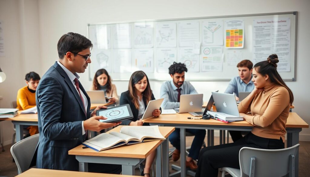 A dynamic university classroom scene showcasing graduate students engaged in a collaborative project. In the foreground, two diverse students in professional business attire are discussing a complex diagram on a digital tablet. In the middle, several other students are seated at modern desks, surrounded by open books, laptops, and notes, illustrating a variety of skills being practiced, such as critical thinking, teamwork, and communication. The background features a whiteboard filled with diagrams and academic posters. Soft, natural lighting illuminates the space, creating a warm and inviting atmosphere. The composition captures the essence of higher education, emphasizing the breadth of skills acquired during second-degree studies. A dynamic university classroom scene showcasing graduate students engaged in a collaborative project. In the foreground, two diverse students in professional business attire are discussing a complex diagram on a digital tablet. In the middle, several other students are seated at modern desks, surrounded by open books, laptops, and notes, illustrating a variety of skills being practiced, such as critical thinking, teamwork, and communication. The background features a whiteboard filled with diagrams and academic posters. Soft, natural lighting illuminates the space, creating a warm and inviting atmosphere. The composition captures the essence of higher education, emphasizing the breadth of skills acquired during second-degree studies.