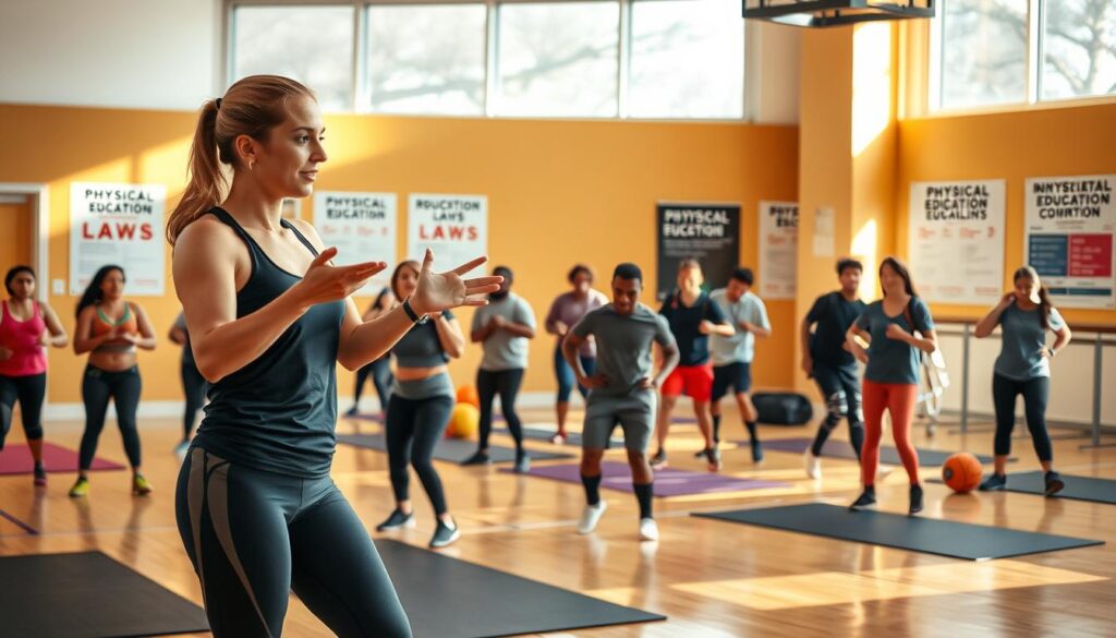 A dynamic university classroom setting, featuring a diverse group of students engaged in a physical education class. In the foreground, a female instructor, dressed in professional athletic wear, demonstrates a fitness activity, showcasing guidelines and techniques. In the middle ground, students of various ethnicities actively participate, practicing teamwork and sportsmanship while using gym equipment like mats and balls. The background reveals a bright, well-lit gymnasium with posters about physical education laws and regulations, emphasizing its legal basis. Warm, natural light filters through large windows, creating an inviting and motivating atmosphere. The overall mood is energetic and focused, highlighting the importance of physical education in a university setting.