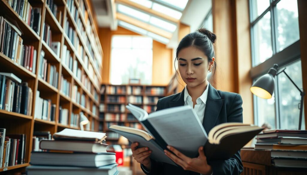 A focused and academically vibrant scene depicting a doctoral student studying for their PhD in a well-lit library setting. In the foreground, a young woman in professional business attire, deeply immersed in her reading, surrounded by textbooks and notes. The middle layer showcases tall wooden bookshelves filled with diverse academic texts and journals, creating an intellectual atmosphere. In the background, large windows allow natural light to flood the room, illuminating the warm wood tones and soft textures of the library. The overall mood is one of determination and scholarly pursuit, with a subtle glow from a desk lamp adding warmth to the environment. The composition should capture the essence of dedication to postgraduate studies, emphasizing the importance of time in doctoral education.