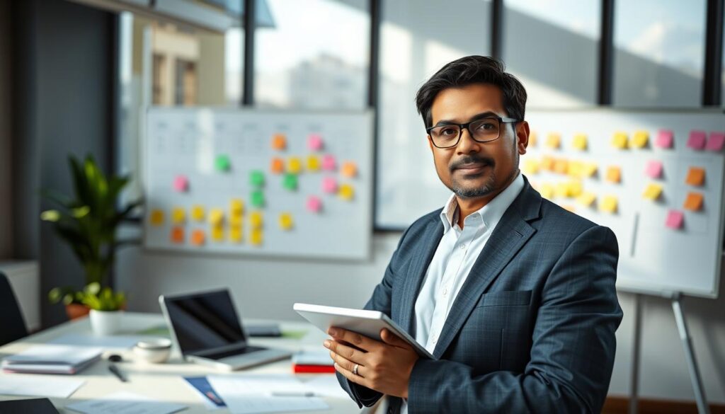 A focused and confident project manager stands in a modern office environment, dressed in smart business attire, with a clean desk cluttered with documents, a laptop, and a whiteboard in the background filled with colorful sticky notes and project timelines. The foreground features the manager, a middle-aged person of South Asian descent, holding a tablet and looking thoughtfully at the camera, symbolizing leadership and organization. Natural light streams in through large windows, casting a warm, inviting glow across the workspace. The atmosphere is professional yet approachable, emphasizing collaboration and productivity. The image captures the essence of what a project manager embodies: coordination, communication, and efficient task management. A focused and confident project manager stands in a modern office environment, dressed in smart business attire, with a clean desk cluttered with documents, a laptop, and a whiteboard in the background filled with colorful sticky notes and project timelines. The foreground features the manager, a middle-aged person of South Asian descent, holding a tablet and looking thoughtfully at the camera, symbolizing leadership and organization. Natural light streams in through large windows, casting a warm, inviting glow across the workspace. The atmosphere is professional yet approachable, emphasizing collaboration and productivity. The image captures the essence of what a project manager embodies: coordination, communication, and efficient task management.