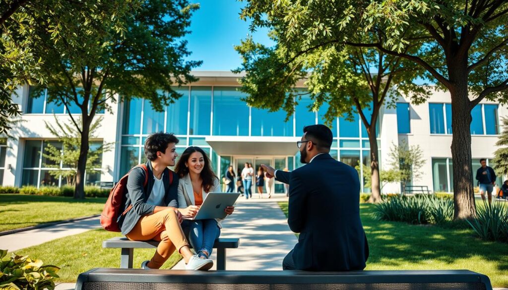 A focused and serene university campus scene depicting a diverse group of students engaged in discussions about engineering studies. In the foreground, two students in professional attire are sitting on a bench with laptops, one pointing at a screen, visibly contemplating their coursework. The middle ground features a modern academic building with large glass windows and an inviting entrance, surrounded by lush greenery. In the background, a clear blue sky enhances the optimistic atmosphere, suggesting inspiration and the pursuit of knowledge. Soft, natural lighting illuminates the scene, creating a warm and inviting mood. The angle captures the vibrant campus life, reflecting the importance of teamwork and collaboration in engineering studies.