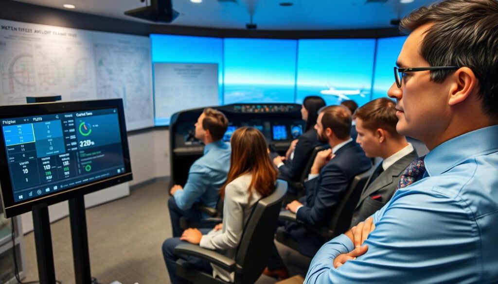 A focused aviation examination scene set in a well-lit flight simulation room. In the foreground, a professional-looking instructor in business attire stands beside a large touchscreen display showing flight data and certification scores, exuding authority and expertise. In the middle, a diverse group of candidates, also in business attire, attentively engages with flight simulation equipment, studying their monitors with intense concentration. The background features detailed aviation charts and a large window showcasing a clear blue sky, hinting at the world of aviation outside. The lighting is bright and focused, enhancing the seriousness of the examination atmosphere. The image conveys a mood of determination and professionalism, capturing the essence of pilot certification and the rigorous testing involved in becoming a passenger plane pilot. A focused aviation examination scene set in a well-lit flight simulation room. In the foreground, a professional-looking instructor in business attire stands beside a large touchscreen display showing flight data and certification scores, exuding authority and expertise. In the middle, a diverse group of candidates, also in business attire, attentively engages with flight simulation equipment, studying their monitors with intense concentration. The background features detailed aviation charts and a large window showcasing a clear blue sky, hinting at the world of aviation outside. The lighting is bright and focused, enhancing the seriousness of the examination atmosphere. The image conveys a mood of determination and professionalism, capturing the essence of pilot certification and the rigorous testing involved in becoming a passenger plane pilot.