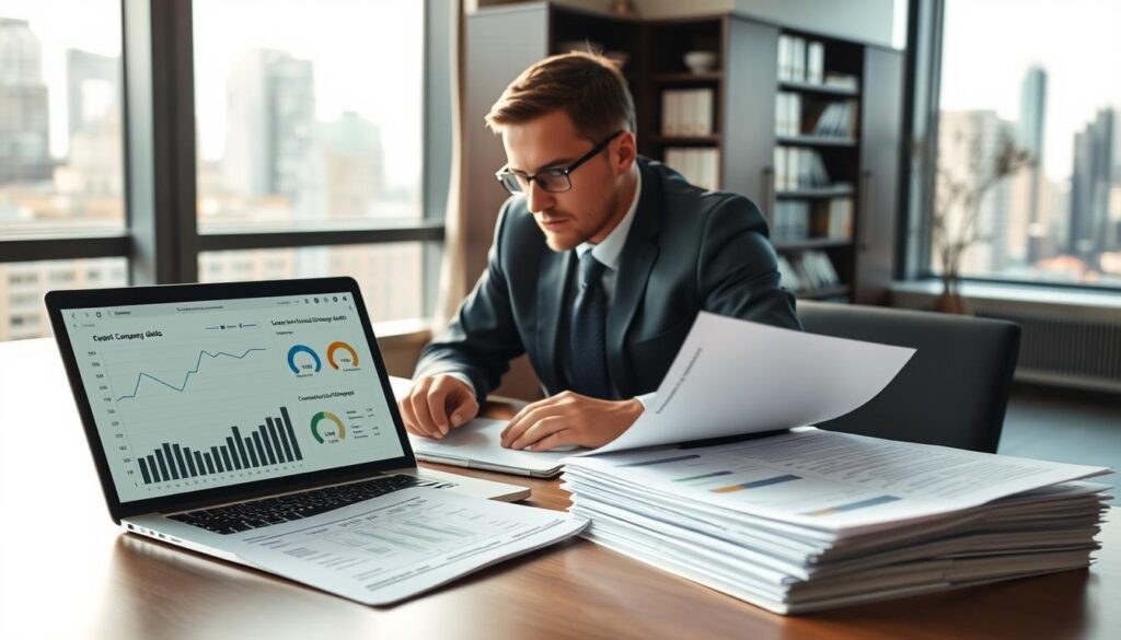 A focused business professional, dressed in formal attire, meticulously reviewing documents and financial reports at a sleek, modern office desk. The foreground showcases a laptop displaying graphs and statistics about company debts. In the middle ground, a stack of paperwork is neatly organized, with clear charts and visual data about financial obligations. Soft, natural light streams in from a large window, illuminating the workspace and casting a warm glow over the scene. The background features a bookshelf filled with financial literature and a city skyline view, subtly hinting at the corporate environment. The atmosphere conveys seriousness and diligence, reflecting the process of checking financial obligations in a corporate setting. A focused business professional, dressed in formal attire, meticulously reviewing documents and financial reports at a sleek, modern office desk. The foreground showcases a laptop displaying graphs and statistics about company debts. In the middle ground, a stack of paperwork is neatly organized, with clear charts and visual data about financial obligations. Soft, natural light streams in from a large window, illuminating the workspace and casting a warm glow over the scene. The background features a bookshelf filled with financial literature and a city skyline view, subtly hinting at the corporate environment. The atmosphere conveys seriousness and diligence, reflecting the process of checking financial obligations in a corporate setting.