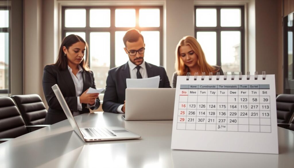 A focused business scene illustrating the deadline for ZUS payments for sole proprietors. In the foreground, a diverse group of three professionals—two men and one woman—dressed in smart business attire, are examining tax documents and a calendar marked with important due dates. The middle ground features a sleek conference table with a laptop open to a financial software interface. The background showcases a modern office with large windows allowing natural light to stream in, casting soft shadows across the room. The overall atmosphere is one of urgency and professionalism, highlighting the importance of meeting payment deadlines. The lighting is bright and welcoming, emphasizing clarity and focus on the task at hand.