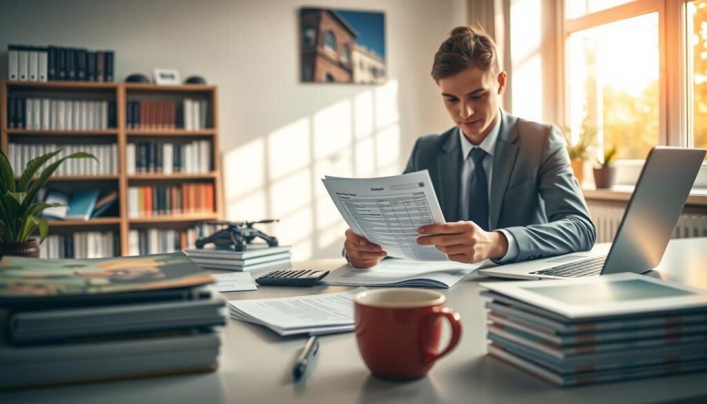 A focused composition illustrating the concept of additional fees associated with part-time studies. In the foreground, a professional person in business attire is examining documents related to tuition fees, sitting at a modern desk with a laptop, calculator, and papers spread out. In the middle ground, a stack of university brochures and a coffee cup add context. The background features a cozy study atmosphere with bookshelves, a window letting in warm sunlight, and a potted plant. The lighting is soft and natural, creating an inviting ambiance. The scene captures the mood of contemplation and decision-making about educational costs, highlighting a blend of professionalism and academic diligence. A focused composition illustrating the concept of additional fees associated with part-time studies. In the foreground, a professional person in business attire is examining documents related to tuition fees, sitting at a modern desk with a laptop, calculator, and papers spread out. In the middle ground, a stack of university brochures and a coffee cup add context. The background features a cozy study atmosphere with bookshelves, a window letting in warm sunlight, and a potted plant. The lighting is soft and natural, creating an inviting ambiance. The scene captures the mood of contemplation and decision-making about educational costs, highlighting a blend of professionalism and academic diligence.