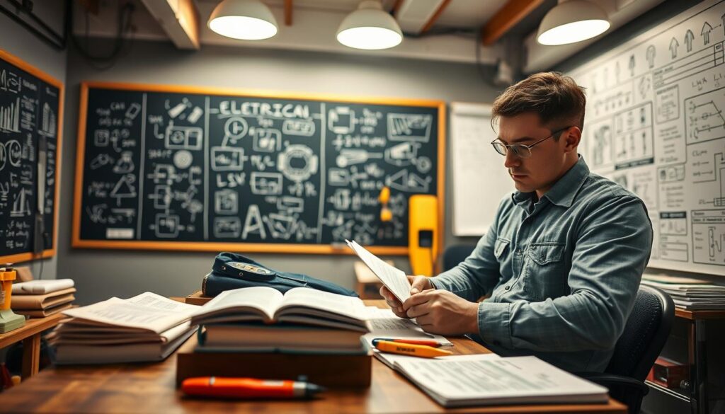 A focused examination scene featuring a well-organized room set for an electrician's exam. In the foreground, a professional male electrician, dressed in a smart casual outfit, reviews his notes on a wooden desk filled with textbooks, tools, and schematics. The middle ground showcases a chalkboard filled with electrical diagrams and formulas, emphasizing the technical nature of the subject. In the background, bright overhead lights illuminate the scene, casting a warm glow that creates an atmosphere of concentration and importance. The camera angle is slightly elevated, capturing both the serious demeanor of the electrician and the detailed study materials. The overall mood conveys a sense of preparation and professionalism, perfectly encapsulating the essence of the electrician's examination process. A focused examination scene featuring a well-organized room set for an electrician's exam. In the foreground, a professional male electrician, dressed in a smart casual outfit, reviews his notes on a wooden desk filled with textbooks, tools, and schematics. The middle ground showcases a chalkboard filled with electrical diagrams and formulas, emphasizing the technical nature of the subject. In the background, bright overhead lights illuminate the scene, casting a warm glow that creates an atmosphere of concentration and importance. The camera angle is slightly elevated, capturing both the serious demeanor of the electrician and the detailed study materials. The overall mood conveys a sense of preparation and professionalism, perfectly encapsulating the essence of the electrician's examination process.