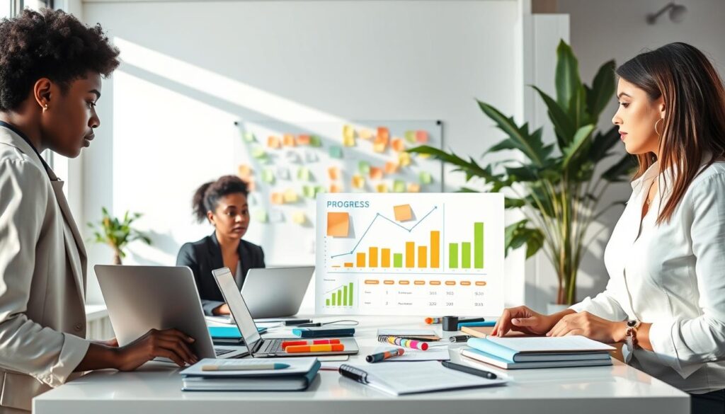 A focused, modern workspace illustrating "monitoring progress" in education. In the foreground, a diverse group of three professionals, a Black woman and a Hispanic man in smart business attire, and a Caucasian woman in casual yet professional clothing, gather around a sleek table cluttered with laptops, notebooks, and a large digital progress chart displaying graphs and statistics. In the middle ground, a whiteboard filled with colorful post-it notes and progress tracking markers creates a collaborative atmosphere. The background features a bright, airy office space with large windows allowing natural light to flood in, casting soft shadows, and plants enhancing the sense of vitality. The image conveys a mood of teamwork, motivation, and achievement, capturing the essence of educational advancement and financial support. A focused, modern workspace illustrating "monitoring progress" in education. In the foreground, a diverse group of three professionals, a Black woman and a Hispanic man in smart business attire, and a Caucasian woman in casual yet professional clothing, gather around a sleek table cluttered with laptops, notebooks, and a large digital progress chart displaying graphs and statistics. In the middle ground, a whiteboard filled with colorful post-it notes and progress tracking markers creates a collaborative atmosphere. The background features a bright, airy office space with large windows allowing natural light to flood in, casting soft shadows, and plants enhancing the sense of vitality. The image conveys a mood of teamwork, motivation, and achievement, capturing the essence of educational advancement and financial support.