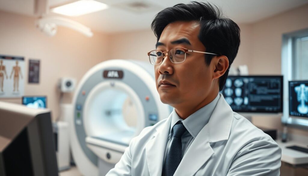 A focused radiologist in a modern medical environment, depicted in a well-lit hospital room with advanced imaging equipment like an MRI machine and X-ray viewer in the background. In the foreground, the radiologist, a person of Asian descent, wears a white lab coat over professional business attire, attentively analyzing images on a digital screen with a thoughtful expression. The room features clinical details such as anatomical charts and monitors displaying medical data softly illuminated. Soft, natural light filters in through a nearby window, casting gentle shadows and creating a calm atmosphere. The scene conveys a sense of professionalism, dedication, and the intricate nature of radiology as a medical field.