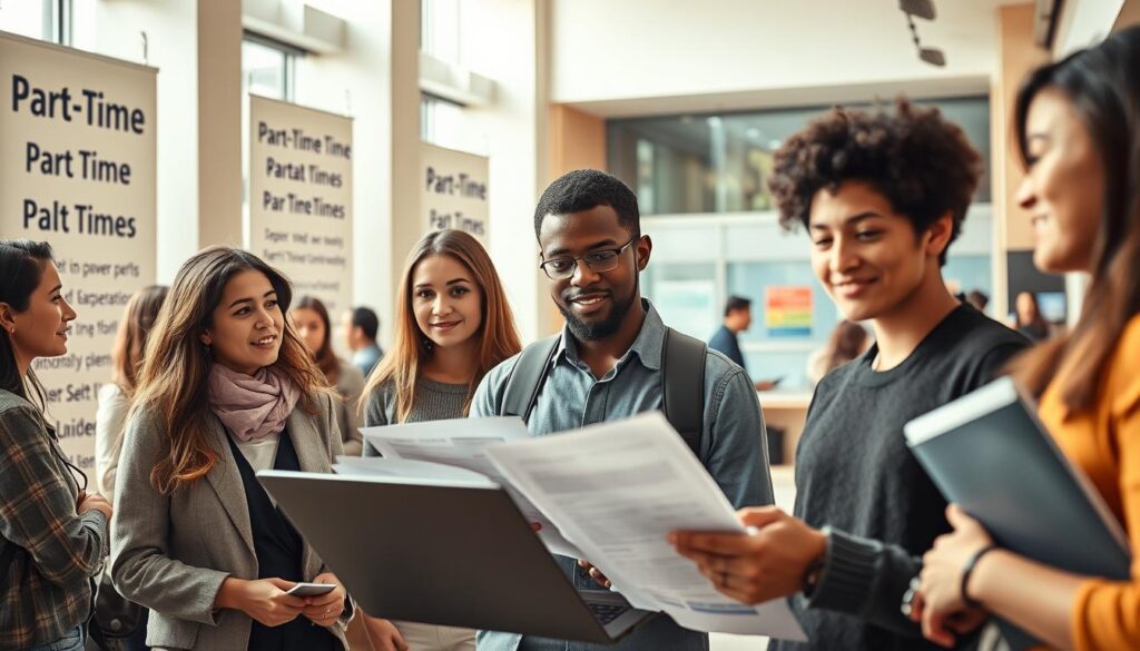 A focused scene depicting a diverse group of adult students in a modern university setting, engaged in a recruitment event for part-time studies. In the foreground, three individuals—two women and a man—are discussing application requirements, one with a laptop open, showcasing forms and study materials. The middle ground features banners on walls highlighting "Part-Time Study Requirements" in an inviting university hall. In the background, a friendly advisor, in professional attire, is speaking to another prospective student at a registration desk. Warm, natural lighting illuminates the space, creating a welcoming atmosphere. The image captures a sense of determination and hopefulness, with students displaying expressions of curiosity and enthusiasm about their academic futures. A wide-angle view makes the setting feel expansive and inclusive.