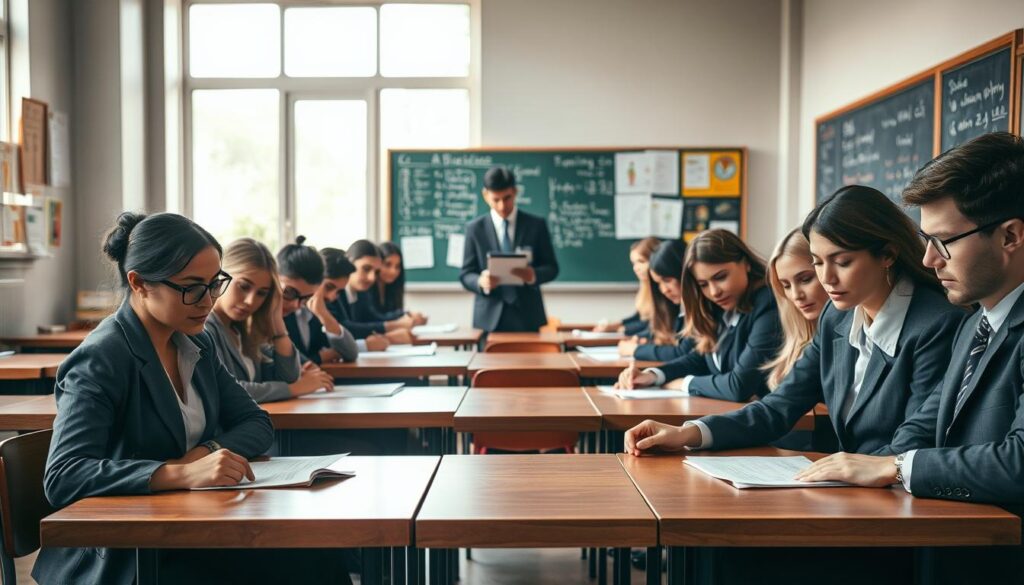 A focused scene depicting a teacher's examination setting. In the foreground, a diverse group of candidates, dressed in professional business attire, sit at wooden desks with exam papers laid out before them, showing concentration and determination. In the middle, a proctor observes the candidates, clipboard in hand, creating an atmosphere of seriousness and professionalism. The background features a well-lit classroom with educational posters on the walls and a chalkboard filled with notes and formulas, suggesting an academic environment. Soft, natural lighting streams through large windows, casting a warm glow over the scene. The overall mood is tense yet hopeful, reflecting the importance of the examination in their journey to becoming teachers.
