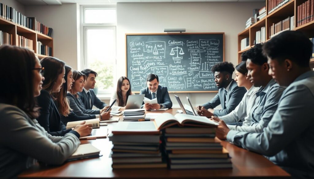 A focused scene depicting the challenges of law studies. In the foreground, a diverse group of students dressed in professional business attire, engaged in intense discussions around a large table stacked with law books, notebooks, and laptops. The middle ground features a chalkboard filled with complex legal formulas and diagrams, symbolizing the academic pressure of law studies. In the background, shelves filled with law-related texts and a window allowing natural light to pour in, creating a bright and inspiring atmosphere. Soft focus on the background to emphasize the students' expressions of determination and collaboration. The overall mood should convey a sense of seriousness mixed with energetic teamwork, illustrating the demanding nature of legal education. A focused scene depicting the challenges of law studies. In the foreground, a diverse group of students dressed in professional business attire, engaged in intense discussions around a large table stacked with law books, notebooks, and laptops. The middle ground features a chalkboard filled with complex legal formulas and diagrams, symbolizing the academic pressure of law studies. In the background, shelves filled with law-related texts and a window allowing natural light to pour in, creating a bright and inspiring atmosphere. Soft focus on the background to emphasize the students' expressions of determination and collaboration. The overall mood should convey a sense of seriousness mixed with energetic teamwork, illustrating the demanding nature of legal education.