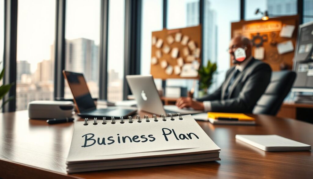 A focused scene of a professional individual in a modern office setting, preparing to start a sole proprietorship. The person, dressed in smart business attire, sits at a sleek desk cluttered with documents, a laptop, and office supplies. In the foreground, a notepad with handwritten notes titled "Business Plan" is prominently displayed. In the middle ground, a corkboard with pinned ideas and diagrams illustrating the steps to establish a business is visible. The background features large windows with natural light pouring in, highlighting a cityscape outside. The atmosphere conveys motivation and determination. Use warm lighting to create a welcoming mood, with a slight depth of field to emphasize the subject and action of preparation, captured with a 35mm lens angle.