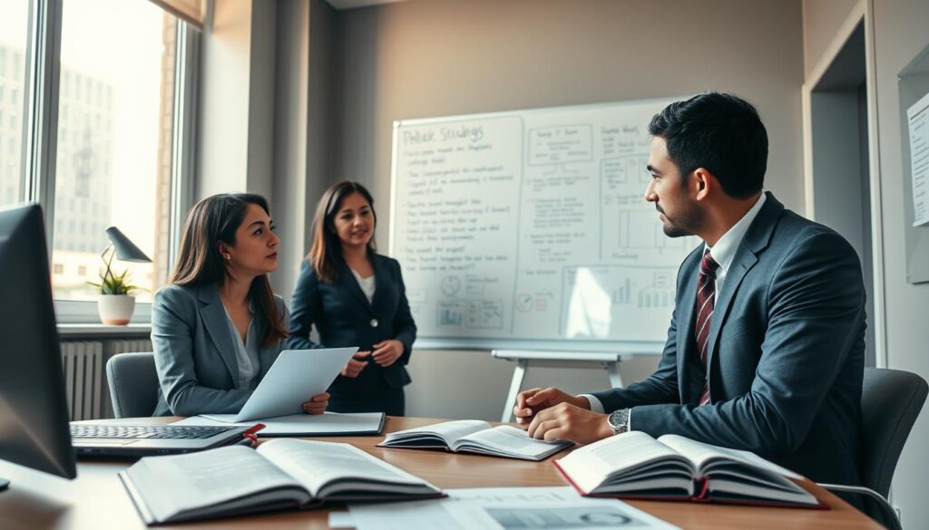 A focused study environment inside a contemporary university office, showcasing a well-organized desk with open books, research papers, and a laptop. In the foreground, a diverse group of three professional individuals—two women and one man—are engaged in a discussion about doctoral study requirements, dressed in smart business attire. The middle-ground features a whiteboard filled with diagrams and key points about PhD prerequisites, emphasizing a collaborative academic atmosphere. In the background, a window lets in warm, natural light, illuminating the space and highlighting the seriousness of their conversation. The mood is one of determination and ambition, conveying the importance of understanding the requirements for entering doctoral studies.