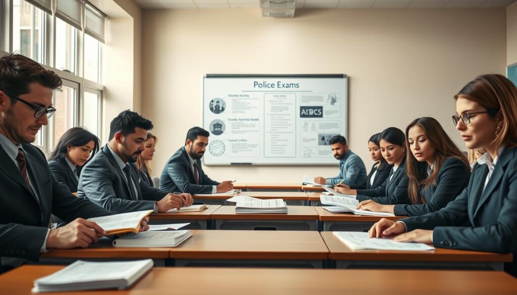 A focused study scene depicting police exam preparations. In the foreground, a diverse group of candidates, including men and women of various ethnicities, is seated at desks, reviewing materials like law books and test papers, dressed in professional business attire. In the middle ground, a whiteboard displays key exam details and police-related graphics, emphasizing structure and clarity. The background features a well-lit classroom with large windows allowing natural light to pour in, creating an inviting atmosphere. Use warm lighting to convey a sense of seriousness and determination, with an overhead angle that captures the intensity of the candidates' focus. The overall mood should be one of dedication and aspiration, inspiring viewers to visualize the journey of becoming a police officer. A focused study scene depicting police exam preparations. In the foreground, a diverse group of candidates, including men and women of various ethnicities, is seated at desks, reviewing materials like law books and test papers, dressed in professional business attire. In the middle ground, a whiteboard displays key exam details and police-related graphics, emphasizing structure and clarity. The background features a well-lit classroom with large windows allowing natural light to pour in, creating an inviting atmosphere. Use warm lighting to convey a sense of seriousness and determination, with an overhead angle that captures the intensity of the candidates' focus. The overall mood should be one of dedication and aspiration, inspiring viewers to visualize the journey of becoming a police officer.