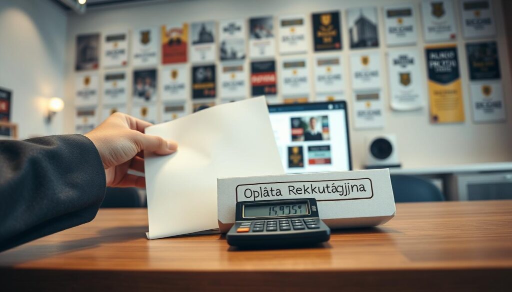 A focused view of a university admissions office desk, featuring a neatly organized application folder labeled "Opłata Rekrutacyjna." In the foreground, a hand in professional attire is placing a document next to a calculator displaying a fee amount. The middle ground showcases a modern desk with a computer showing a university website discussing enrollment fees. In the background, a wall filled with university banners adds a scholarly atmosphere. Soft, warm lighting creates a welcoming and professional mood, enhancing the overall sense of seriousness about the recruitment fee. The angle captures the desk in a slightly elevated position, emphasizing the significance of "Opłata Rekrutacyjna" in the admissions process.