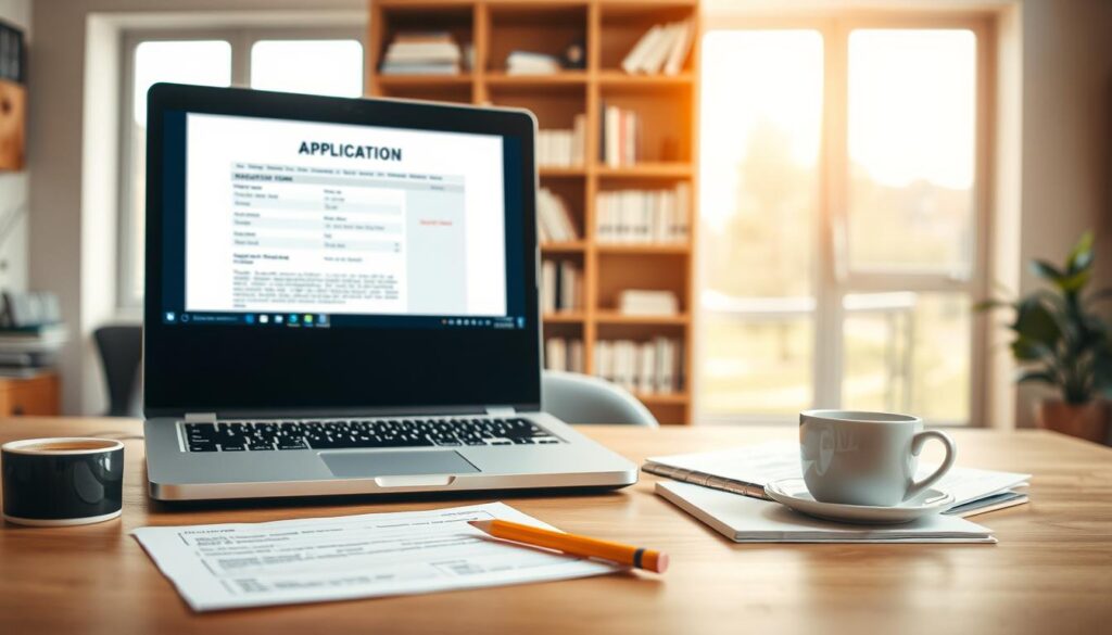 A focused workspace illustrating the preparation for applying for funding, featuring a well-organized desk. In the foreground, an open laptop displaying an application form, alongside a notepad filled with notes and a pencil. To the side, a cup of coffee and a few financial documents are neatly arranged. The middle background features a soft-lit bookshelf filled with study materials about grants and scholarships. In the background, a large window allows natural light to flood in, creating a warm and inviting atmosphere. The overall mood conveys determination and professionalism, suitable for a student eagerly preparing their funding application. The image should have a slight depth of field blur, emphasizing the foreground elements while still showcasing the organized workspace. A focused workspace illustrating the preparation for applying for funding, featuring a well-organized desk. In the foreground, an open laptop displaying an application form, alongside a notepad filled with notes and a pencil. To the side, a cup of coffee and a few financial documents are neatly arranged. The middle background features a soft-lit bookshelf filled with study materials about grants and scholarships. In the background, a large window allows natural light to flood in, creating a warm and inviting atmosphere. The overall mood conveys determination and professionalism, suitable for a student eagerly preparing their funding application. The image should have a slight depth of field blur, emphasizing the foreground elements while still showcasing the organized workspace.