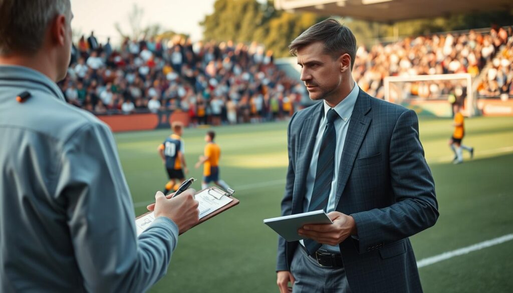 A football scout in a professional, modest attire, intently observing a youth football match on a green pitch. In the foreground, the scout is holding a clipboard and a pen, taking notes, with a focused expression. In the middle ground, young players are engaged in an intense game, showcasing their skills and athleticism, capturing the essence of talent scouting. In the background, a vibrant crowd of parents and spectators enthusiastically cheering, creating a lively atmosphere. The scene is illuminated with natural daylight, casting subtle shadows, and the image is captured from a slightly elevated angle to provide a comprehensive view of the action. The mood is dynamic and inspiring, reflecting the journey of becoming a football scout.