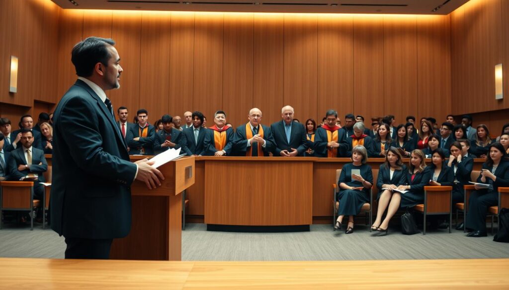 A formal doctoral defense scene taking place in a spacious university lecture hall. In the foreground, a confident candidate in professional business attire stands at a podium, passionately presenting their thesis. In the middle, a panel of university professors, dressed in academic robes and suits, attentively listens, with expressions of interest and scrutiny. At the back, rows of students and faculty, some taking notes, create an air of anticipation. Soft, warm lighting illuminates the room, highlighting the seriousness of the occasion. The camera angle captures the scene from slightly above, giving a broad view of the setting. The mood is a mix of tension and pride, reflecting the importance of the moment as the candidate valiantly defends their research. A formal doctoral defense scene taking place in a spacious university lecture hall. In the foreground, a confident candidate in professional business attire stands at a podium, passionately presenting their thesis. In the middle, a panel of university professors, dressed in academic robes and suits, attentively listens, with expressions of interest and scrutiny. At the back, rows of students and faculty, some taking notes, create an air of anticipation. Soft, warm lighting illuminates the room, highlighting the seriousness of the occasion. The camera angle captures the scene from slightly above, giving a broad view of the setting. The mood is a mix of tension and pride, reflecting the importance of the moment as the candidate valiantly defends their research.